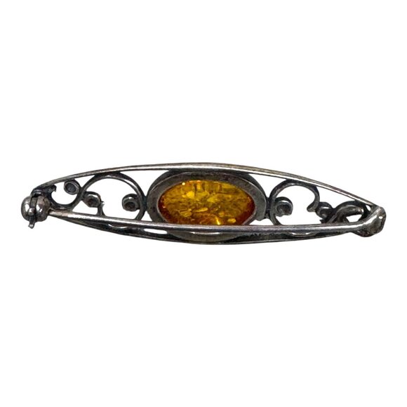 Vintage Baltic Amber Brooch Pin Poland Intricate Silver Filigree Design Art Deco - Picture 2 of 5